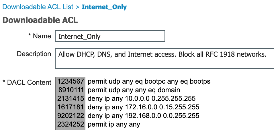dACL to only allow DHCP, DNS, and Internet access