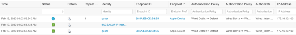 RADIUS live logs showing successful 802.1x guest access