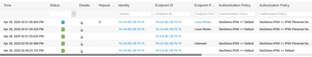 Live Logs showing successfull iPSK onboarding and authorization