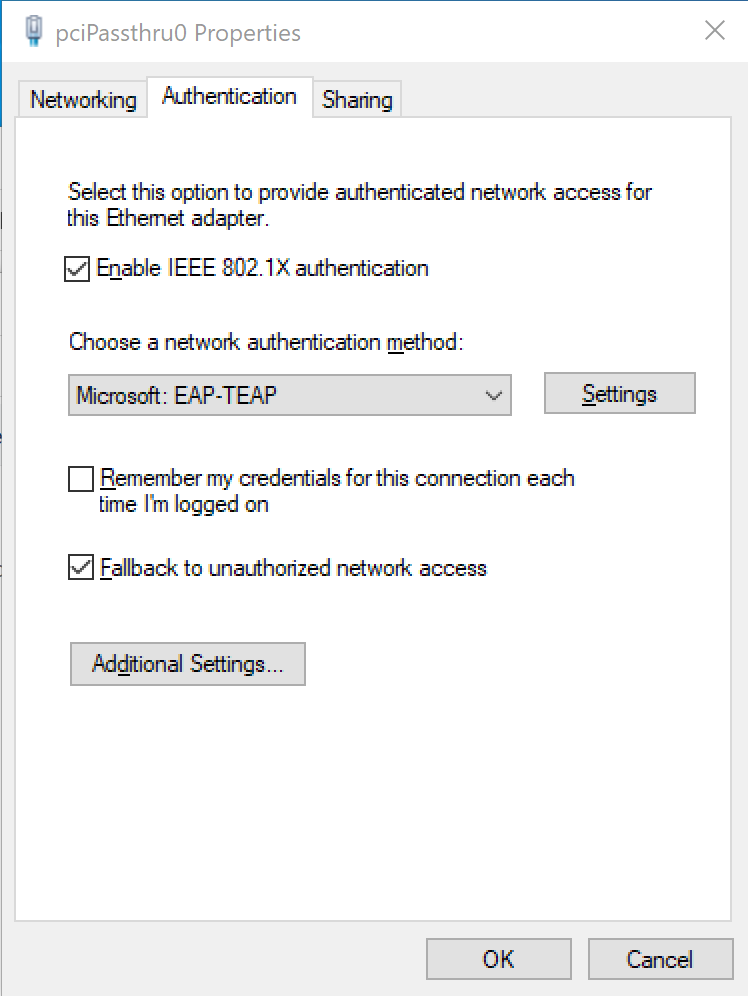 Authentication tab of the LAN properties