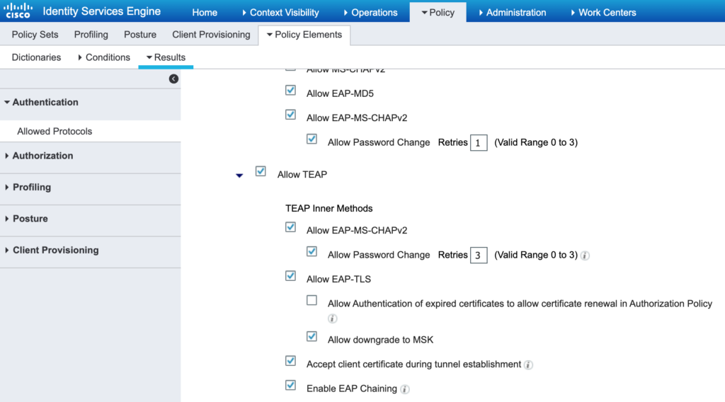 Default network access protocols. Enabling TEAP and EAP Chaining.