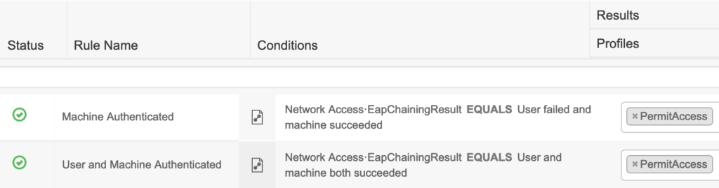 TEAP EAP Chaining authorization rules for user and computer authorization.