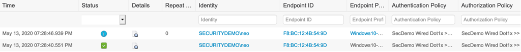 ISE Live Log showing successful user authentication.