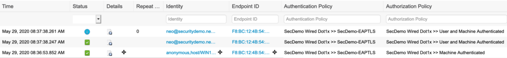 Live Logs entries for machine and user/machine successful authentication