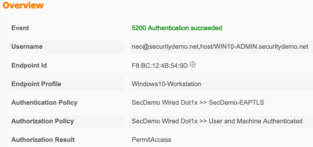 Session details overview section for the machine and user authentication