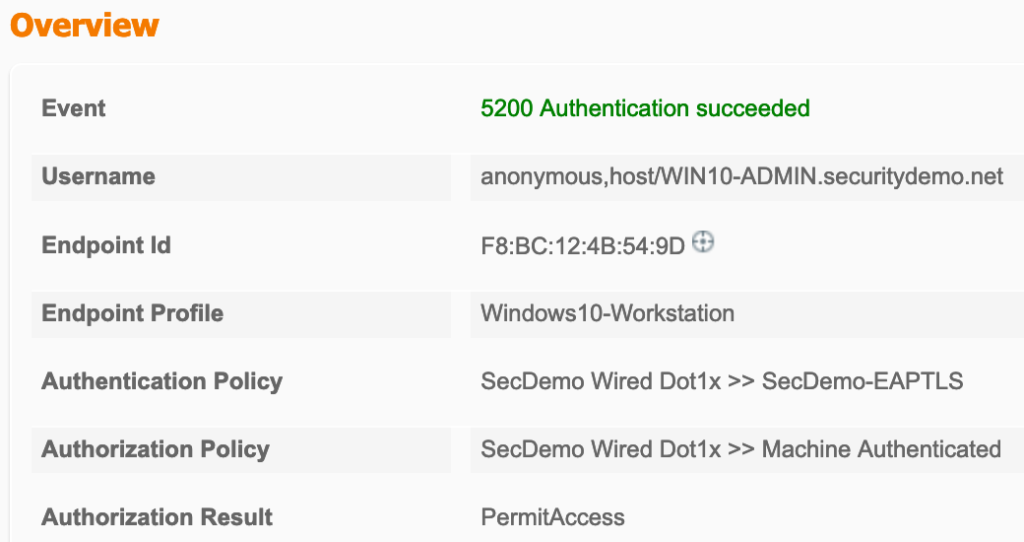 Session details overview section for the machine authentication