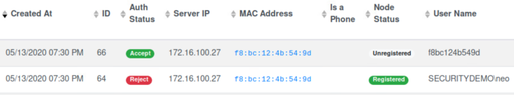 PacketFence Audit Log showing rejected user authentication.