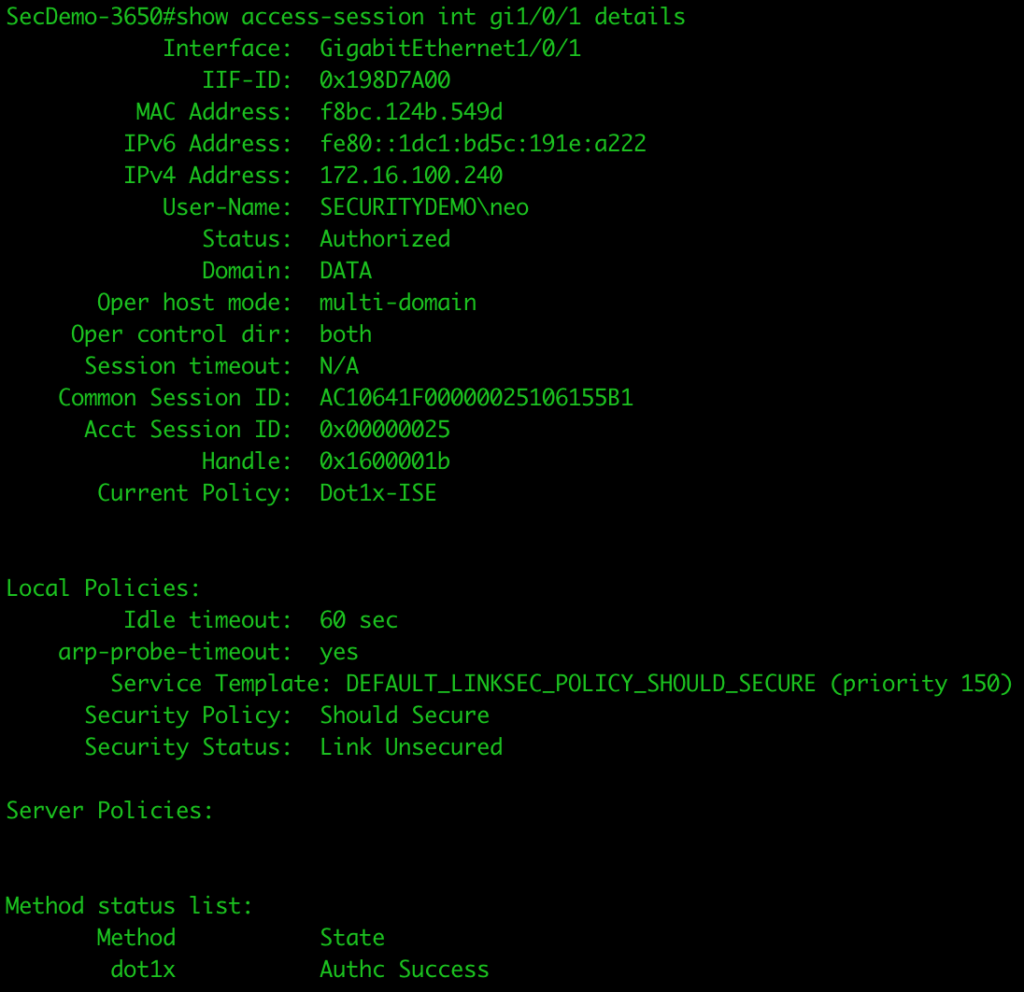 CLI showing access session details for client authenticating against ISE deployment.