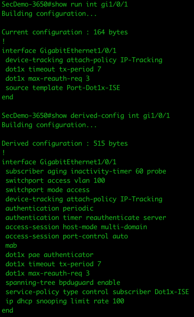 CLI showing port configuration to send AAA to ISE deployment.