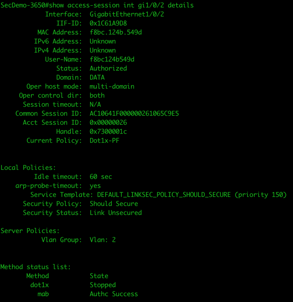 CLI showing access session details for client authenticating against PacketFence deployment.