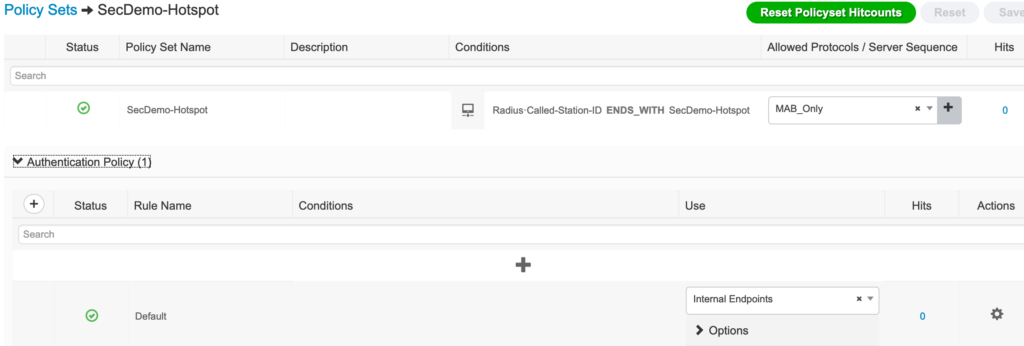 Policy set summary and authentication policy for the hotspot SSID