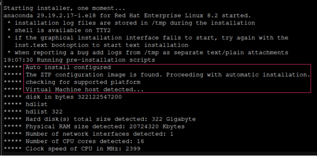 Cisco ISE 3.1 installation started, ZTP configuration image found, and VM host detected