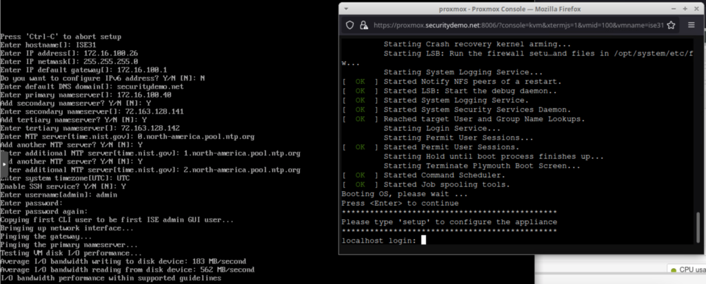 Screenshot showing VM console (right) and VM serial console (left) output during setup using ZTP image.