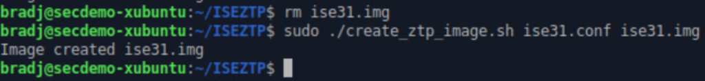 Output of Cisco ISE 3.1 ZTP image file creation script using sudo