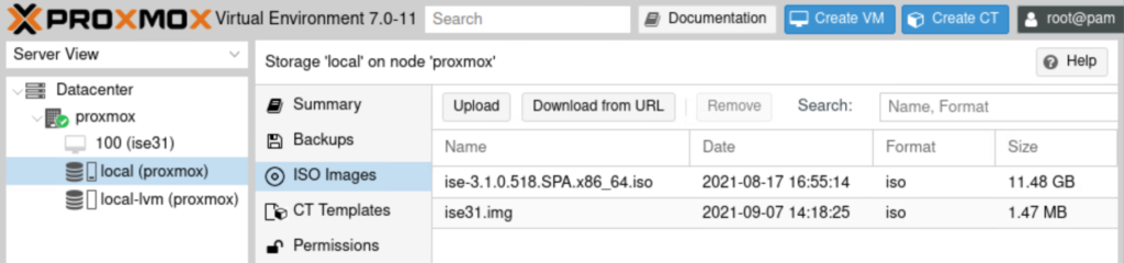 Proxmox VM server local storage where Cisco ISE 3.1 ISO and ZTP IMG file were uploaded