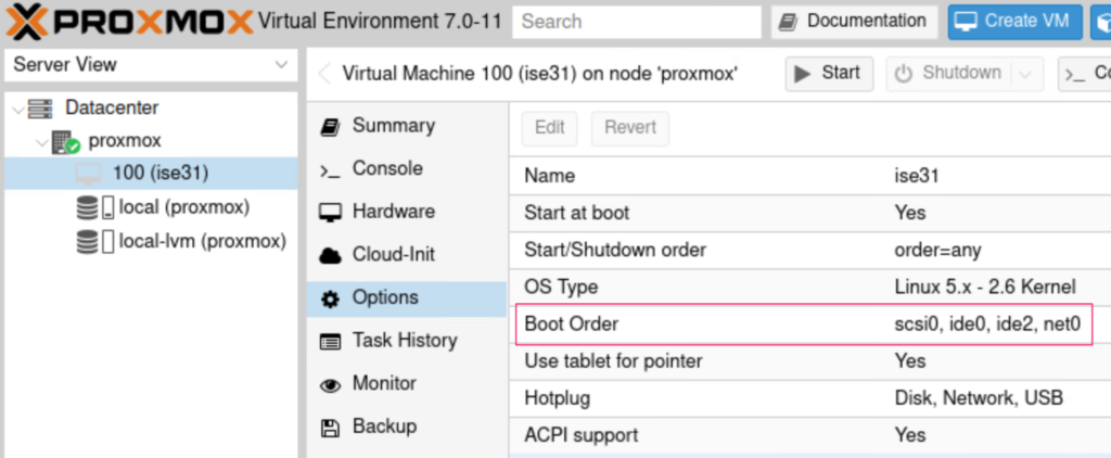 Boot order for the VM showing scsi0 (HDD) is first and ide0 (ISE ISO) is second.