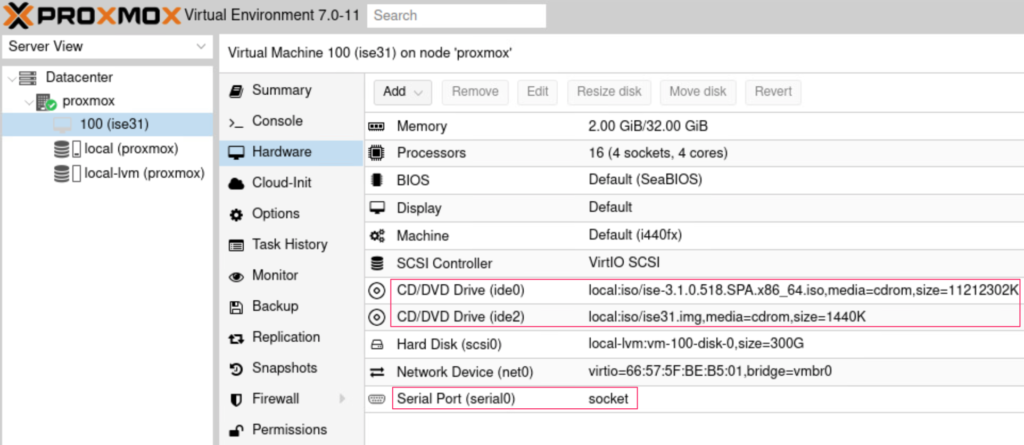 Cisco ISE 3.1 ISO and ZTP image file attached to the VM. Also highlighted is the added serial port.