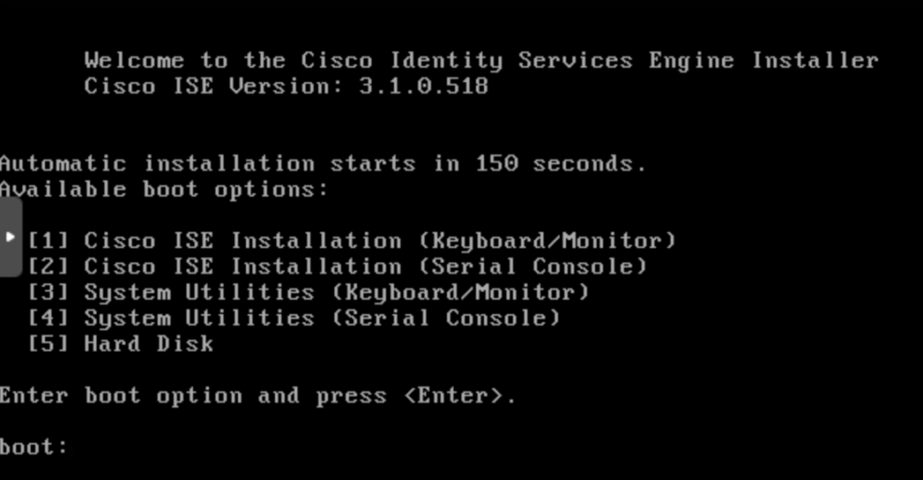 Cisco ISE installer boot options via the console