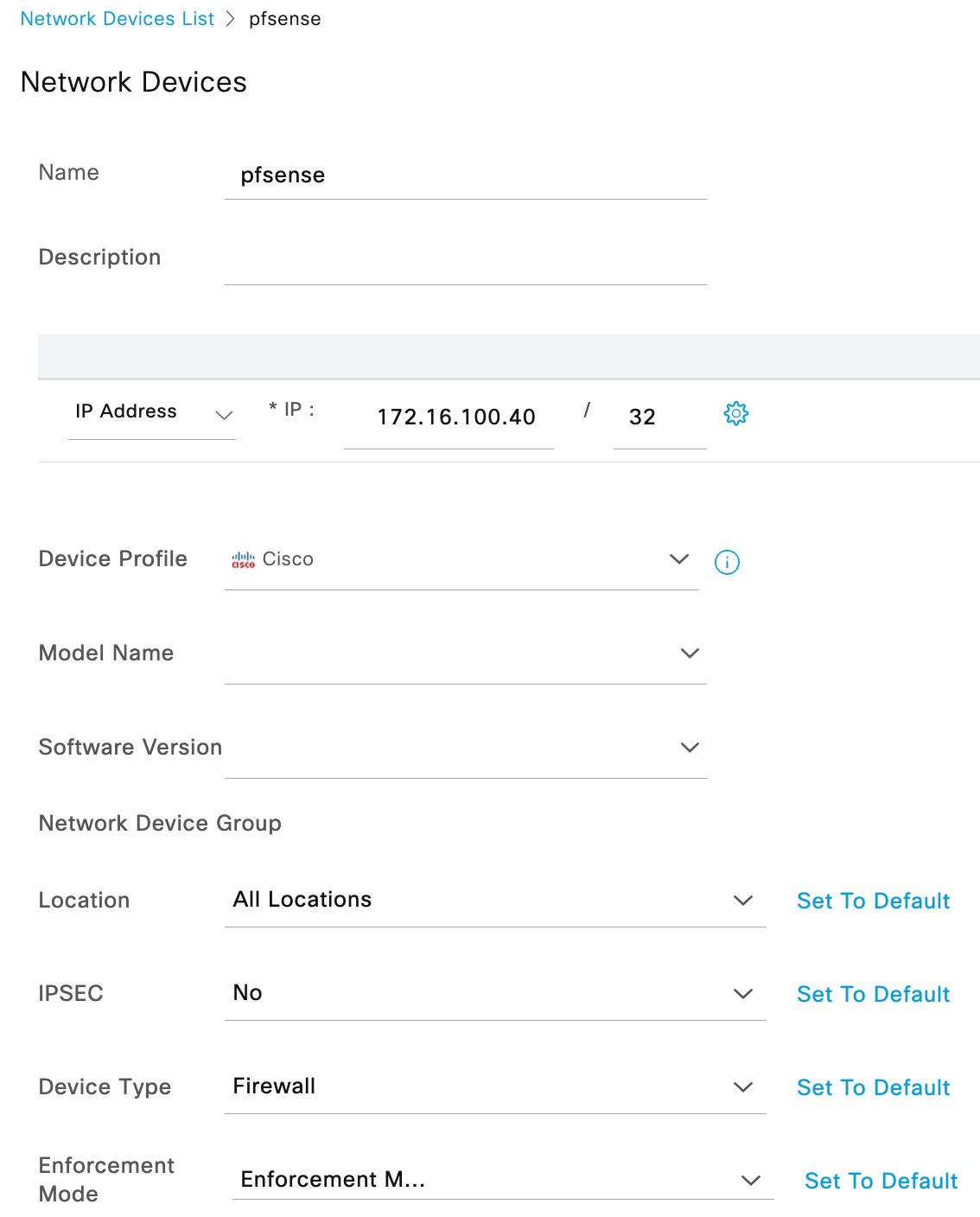 Settings for the pfSense network device entry showing the name, IP address, and device type configuration.