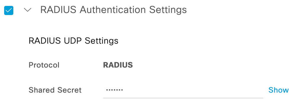 Settings for the pfSense network device entry showing the RADIUS shared secret filled in.