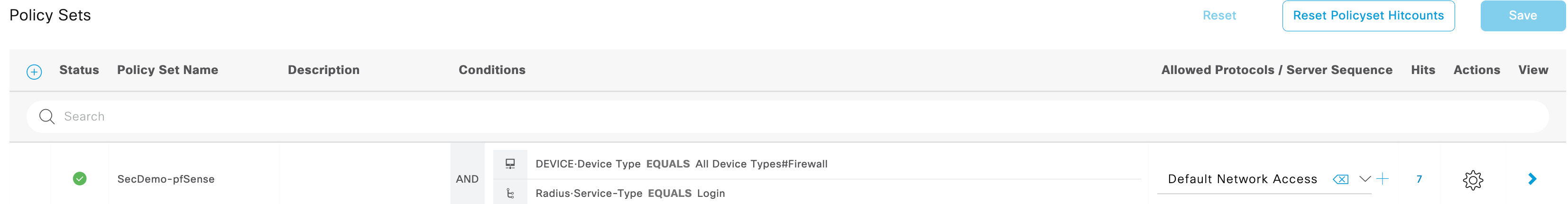 Policy set summary for pfSense RADIUS admin authentication.