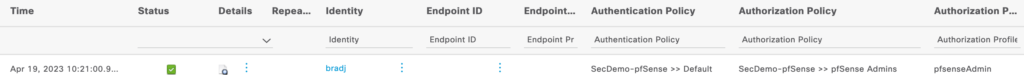 ISE RADIUS Live Logs showing successful login using Active Directory account.