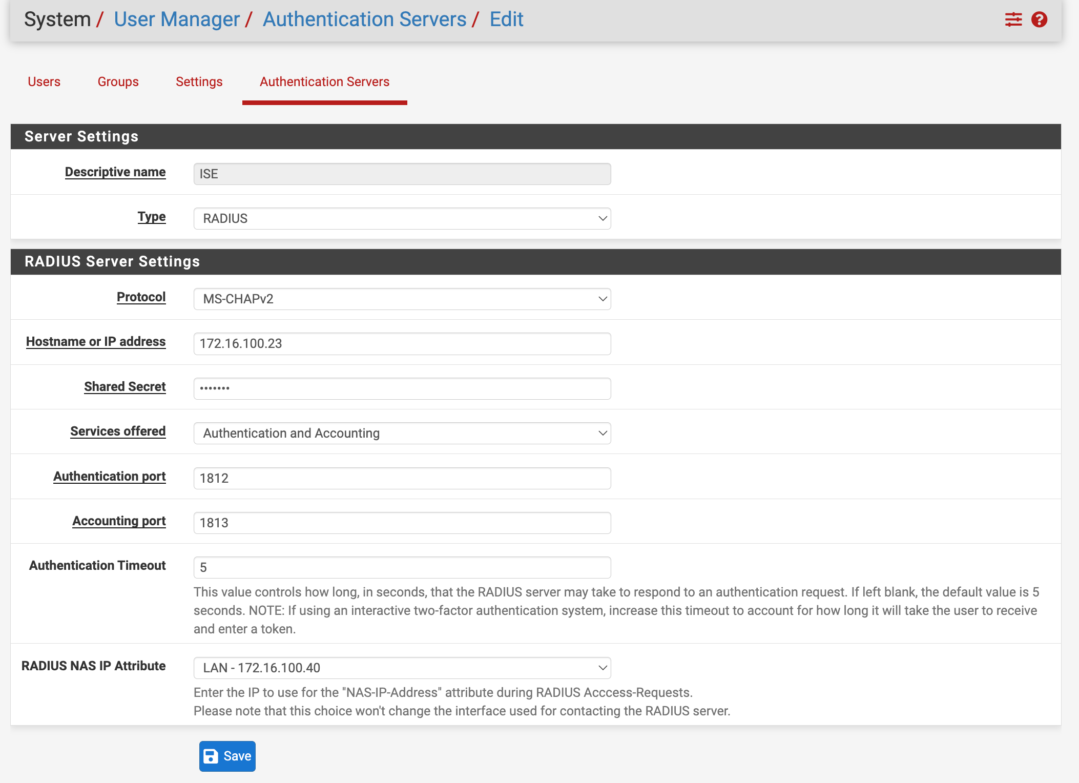 Authentication server settings within pfSense.