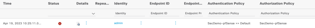 ISE RADIUS Live Logs showing failed login when using a pfSense local account.