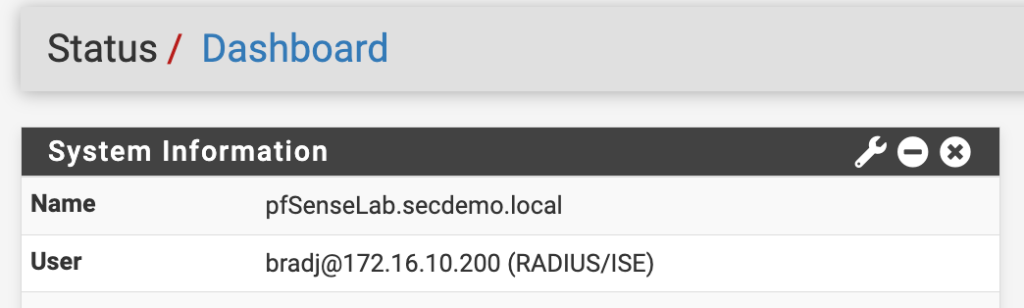 Successful login using ISE authentication against Active Directory. My username shows in the User filed on the dashboard.