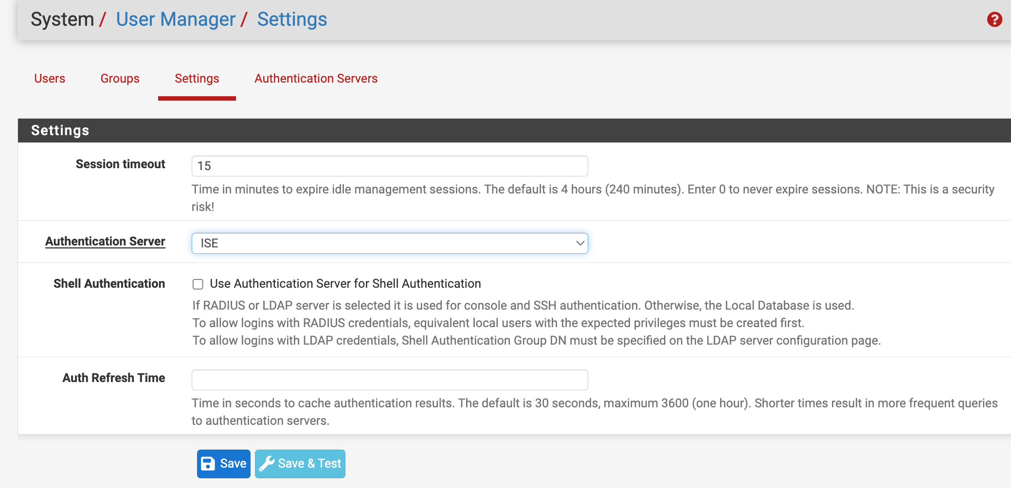 pfSense user manager settings enabling the use of ISE for authentication.